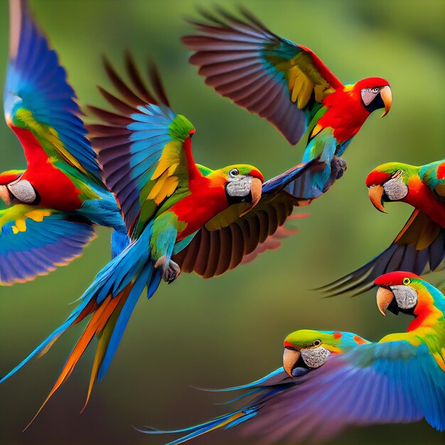 Un gruppo di uccelli colorati vola in formazione con uno volato da un altro.