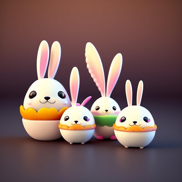 Un gruppo di uova di Pasqua con orecchie da coniglio e un coniglietto sul davanti.