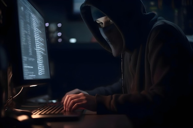 Un hacker incappucciato che ruba dati da un computer in una stanza buia