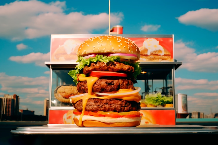 Foto gratuito un hamburger gigante vicino alla cena.