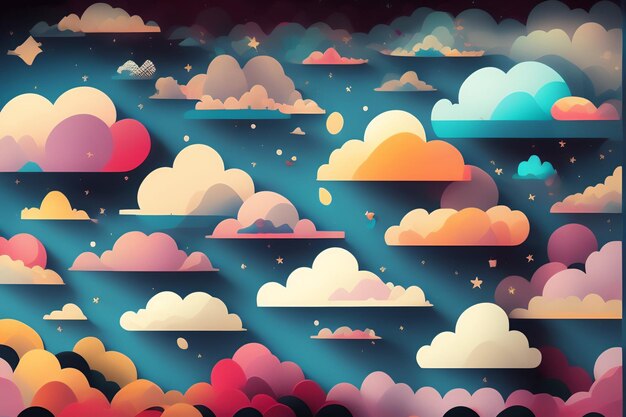 Un'illustrazione di carta tagliata di un cielo con nuvole e un uccello che vola nel cielo