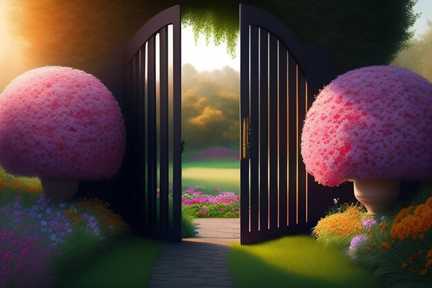 Un'immagine di un giardino con un cancello che dice "le porte si aprono"