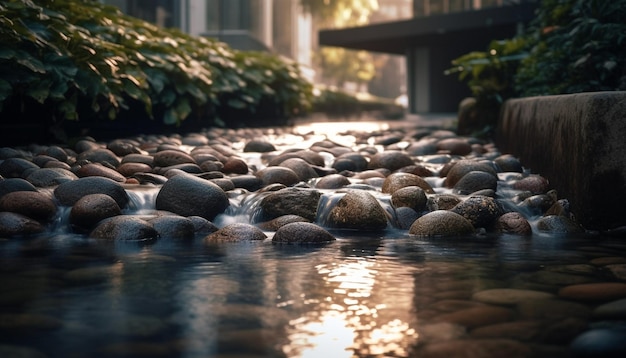 Un'immagine di un gioco d'acqua con rocce e un edificio sullo sfondo.