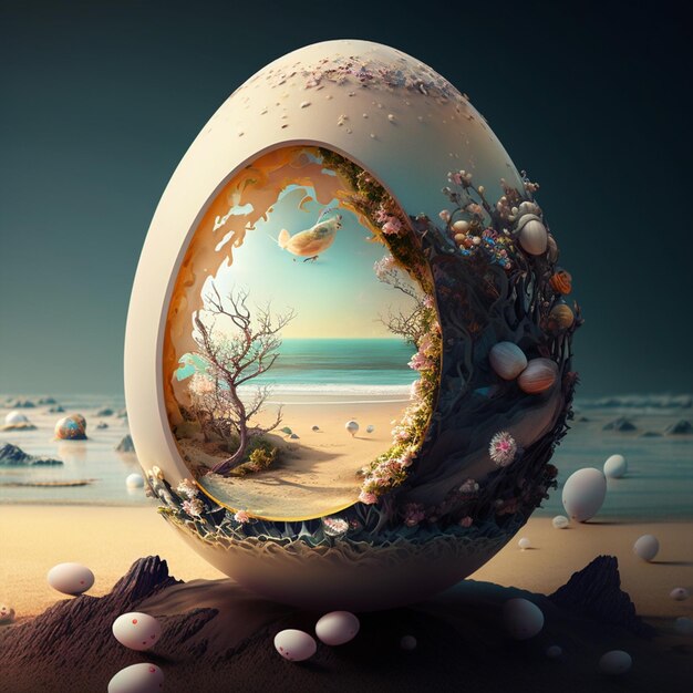 Un'immagine di un uovo con una scena di spiaggia all'interno.