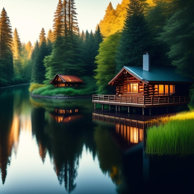 Un'immagine di una casa su un lago con una foresta sullo sfondo.