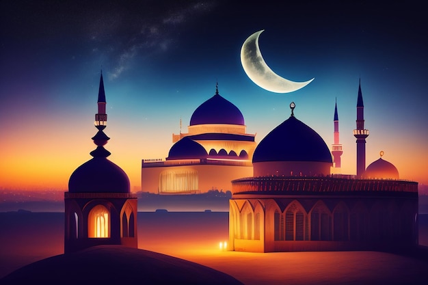 Un'immagine di una moschea con la luna sullo sfondo