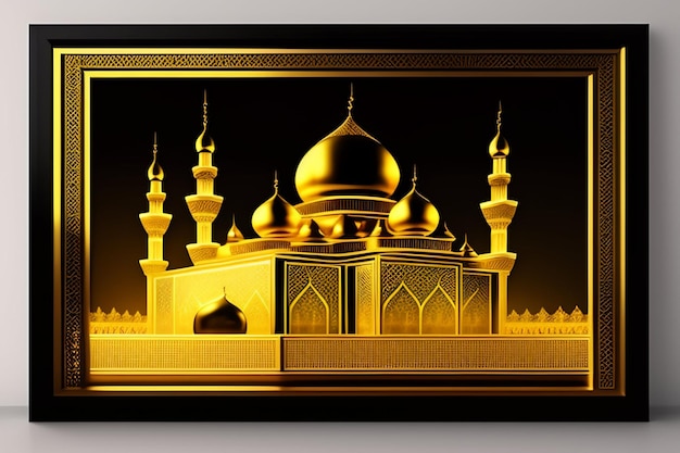Un'immagine oro e nera di una moschea con uno sfondo nero