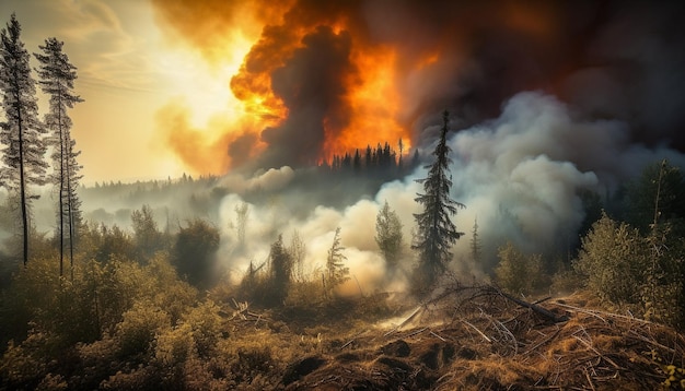 Un incendio sullo sfondo con una foresta sullo sfondo.