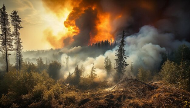 Un incendio sullo sfondo con una foresta sullo sfondo.