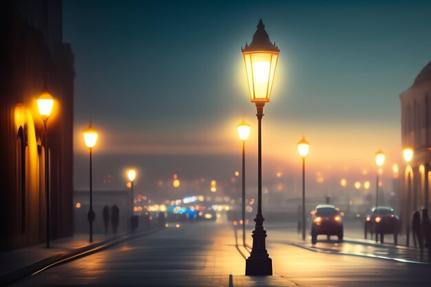 Un lampione con un'auto che lo percorre e le luci sulla strada sono accese.