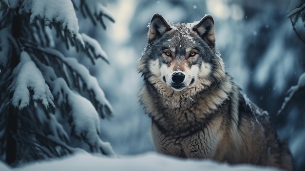 Un lupo tra la neve nella foresta