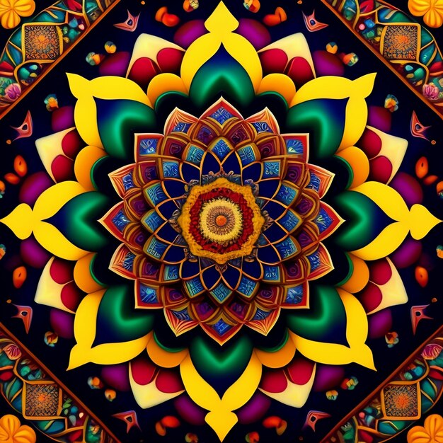 Un mandala colorato con un disegno colorato al centro.