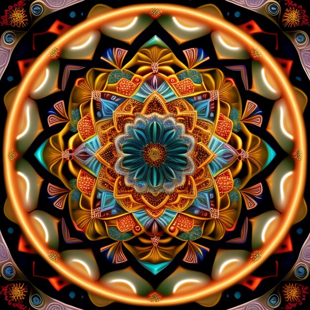 Un mandala colorato con un disegno floreale al centro.