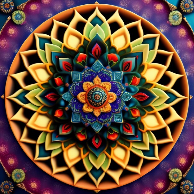 Un mandala colorato con un disegno floreale su di esso.