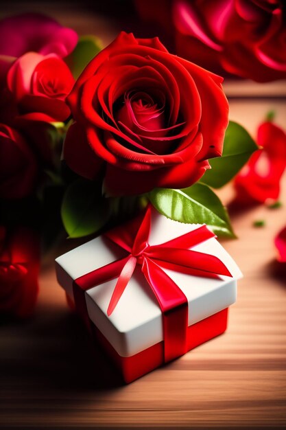 Un mazzo di rose e una scatola bianca con un nastro rosso è su un tavolo di legno.