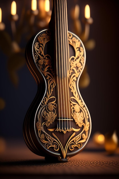 Un modello 3d di una chitarra con un disegno floreale.
