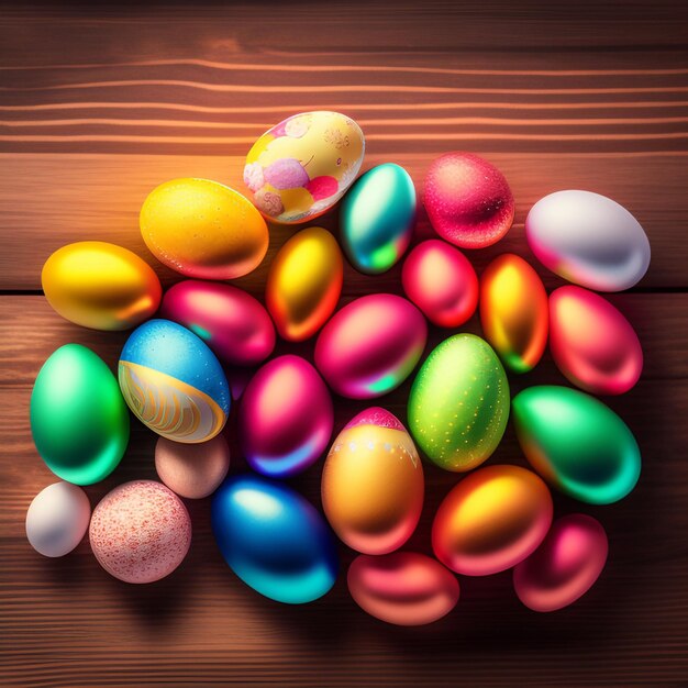 Un mucchio di uova di pasqua colorate si trovano su un tavolo di legno.