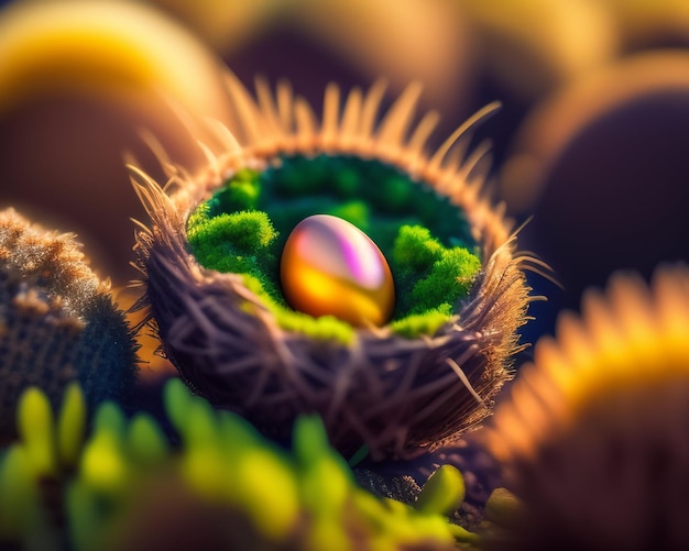 Un nido di uccello con dentro un uovo viola