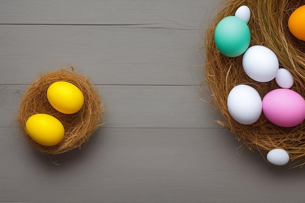 Un nido di uova di Pasqua giallo e verde con un uovo blu e verde al centro.