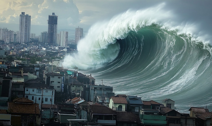 Foto gratuito un'onda di tsunami che colpisce la città e danneggia le strutture