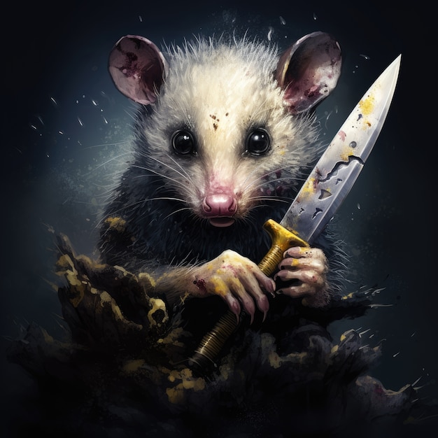 Un opossum spaventoso con un coltello