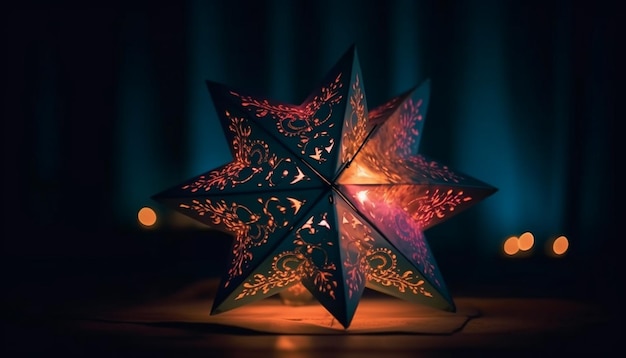 Un ornamento a forma di stella luminosa illumina il vibrante sfondo natalizio generato dall'intelligenza artificiale