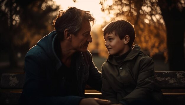 Un padre abbraccia suo figlio nel tramonto della natura generato dall'intelligenza artificiale