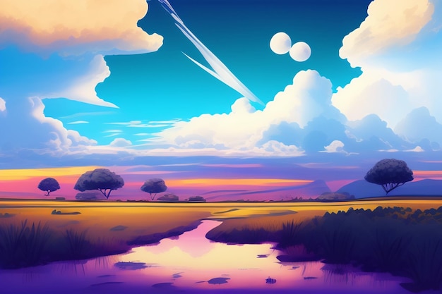 Un paesaggio con un lago e nuvole e un tramonto