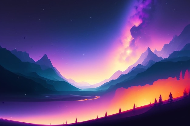 Un paesaggio di montagna con un cielo viola e un fiume.