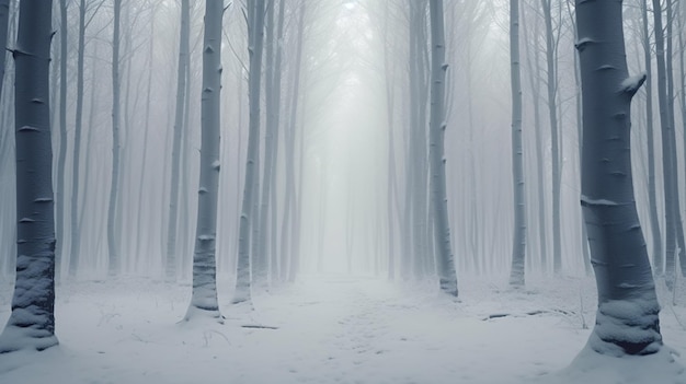 Un paesaggio di una foresta in inverno con la nebbia sullo sfondo