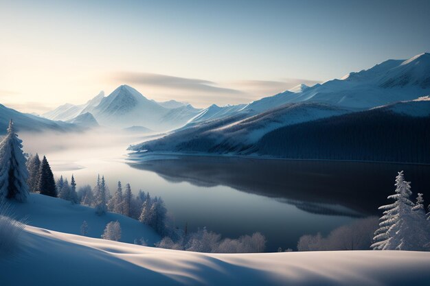 Un paesaggio innevato con montagne e alberi in primo piano.