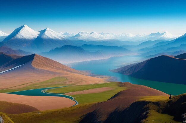 Un paesaggio montano con un fiume e montagne sullo sfondo.