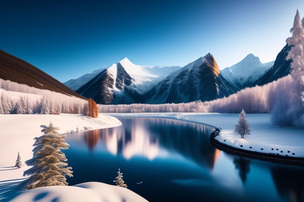 Un paesaggio montano innevato con un lago e montagne innevate sullo sfondo.