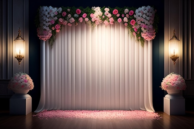Un palcoscenico con un sipario bianco con su scritto "rosa e bianco".