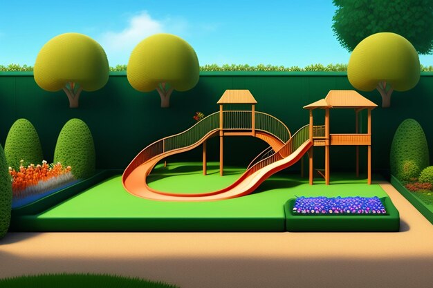 Un parco giochi con uno scivolo e un albero sullo sfondo