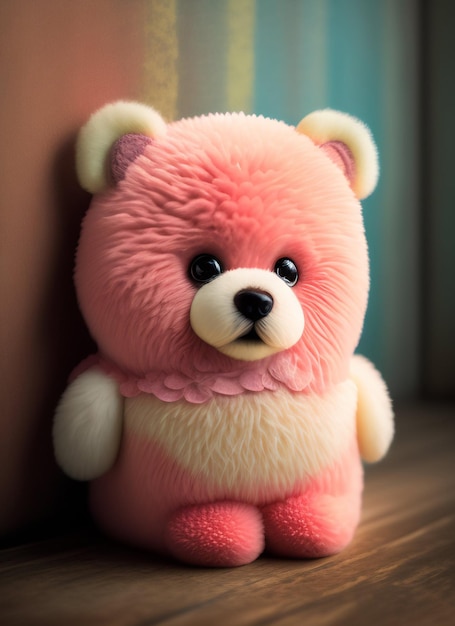 Un peluche rosa con un fiocco rosa sul collo