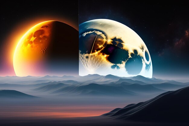 Un pianeta con un pianeta e una luna sopra