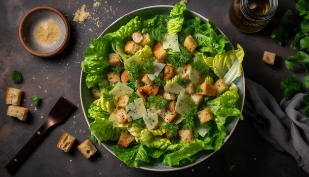 Un piatto di caesar salad con sopra del pollo