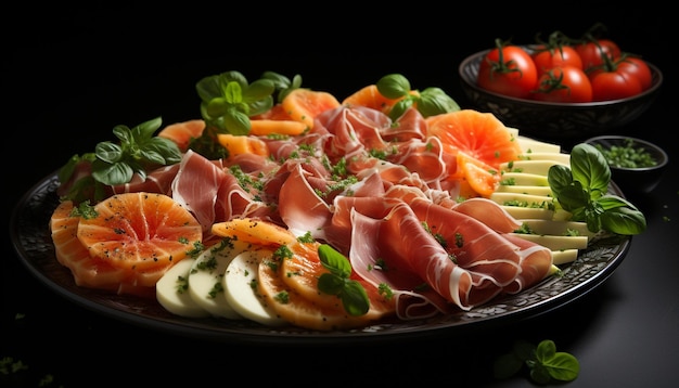 Un piatto di prosciutto di maiale gourmet e antipasto di pomodoro fresco generato dall'intelligenza artificiale