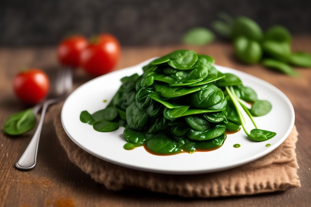 Un piatto di spinaci con sugo di pomodoro