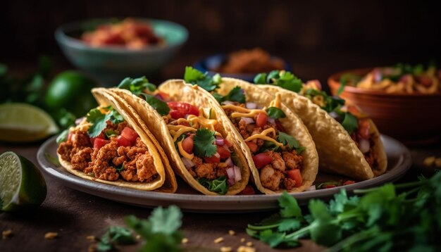 Un piatto di tacos con una pila di tacos sul lato