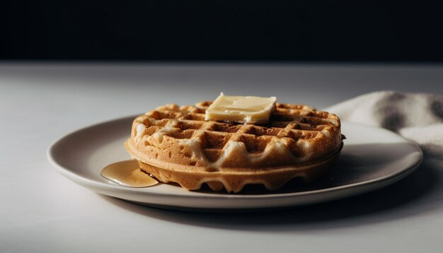 Un piatto di waffle con burro in cima.