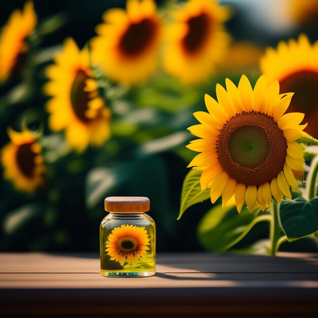 Un piccolo barattolo di vetro di girasoli si trova su un tavolo di fronte a un campo di girasoli.