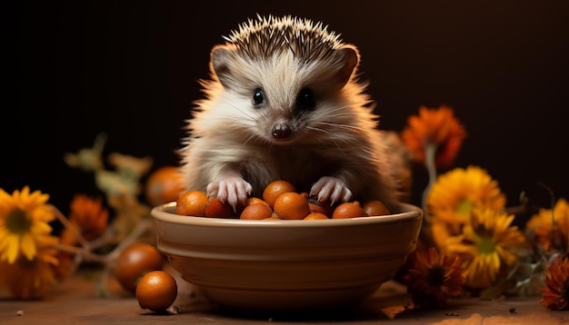 Un piccolo riccio carino che guarda una zucca su un tavolo di legno generato dall'intelligenza artificiale