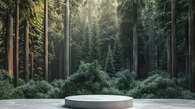 Un podio moderno per il design del prodotto sullo sfondo di una foresta di sequoie