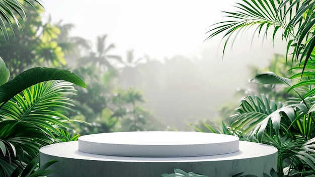 Un podio moderno per il design del prodotto sullo sfondo di una foresta tropicale