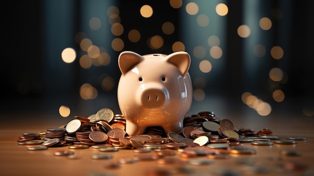 Un porcellino traboccante di monete simboleggia i risparmi e l'educazione finanziaria