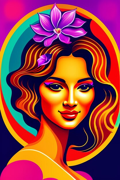 Un poster colorato con una donna con un fiore in testa.