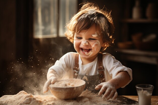 Un primo piano di un bambino che cucina