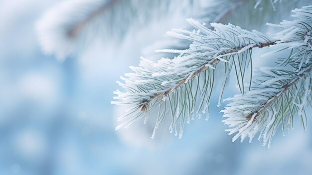 Un ramo di pino coperto di gelo estende dal lato i suoi aghi innevati in contrasto con il cielo invernale